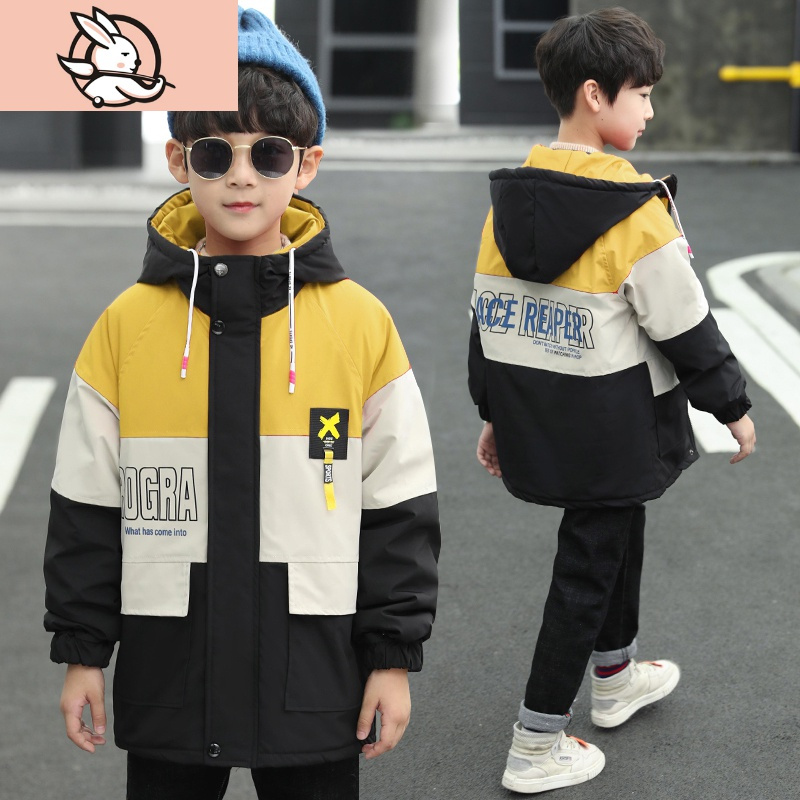 huayangtu男童加绒加厚秋冬装外套儿童装男孩中大童洋气中长夹棉风衣