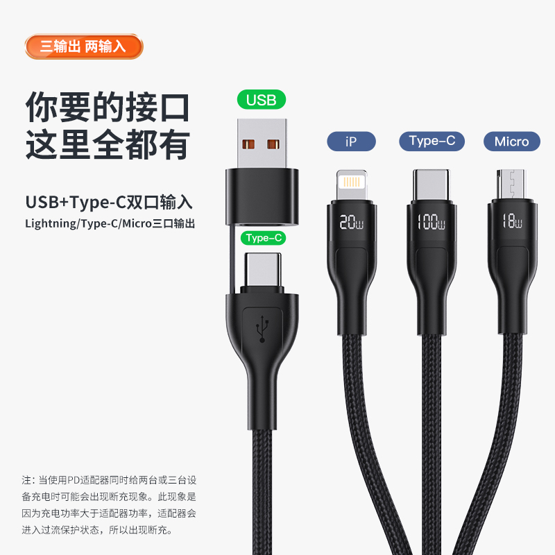 纽曼(Newmine)数据线三合一100W二拖三充电线平板华为笔记本车载充电线多功能适用 XS18高清大图