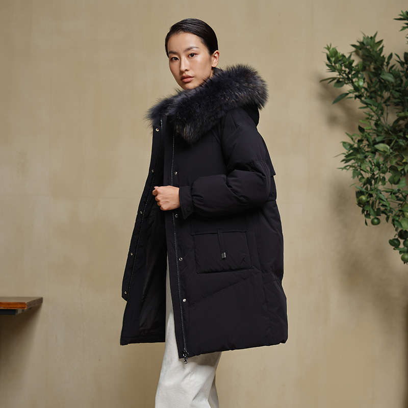 坦博尔2021新款羽绒服女士拼接宽松中长款大毛领保暖外套tb211658