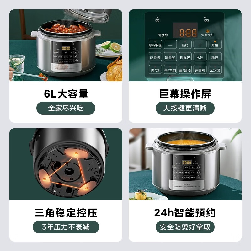 美的(Midea)MY-E6910电压力锅新款双胆高压锅电饭煲一体6L 钛钢灰高清大图