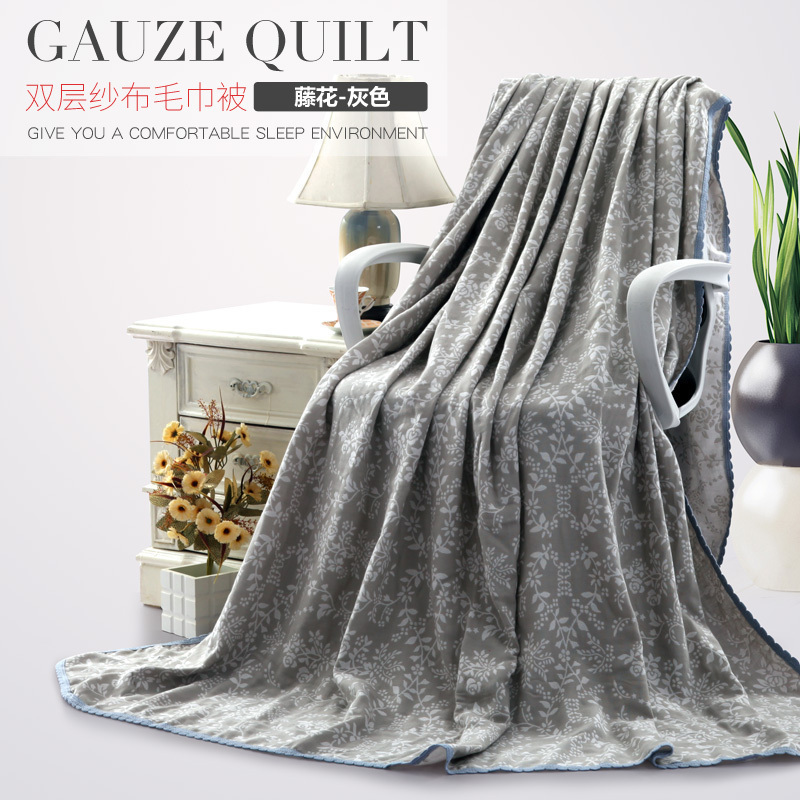 美帮汇纱布毛巾被全棉盖毯毛巾毯子全棉空调被床单双人单人午睡儿童学生 浅灰色藤花-双层款 180x200cm