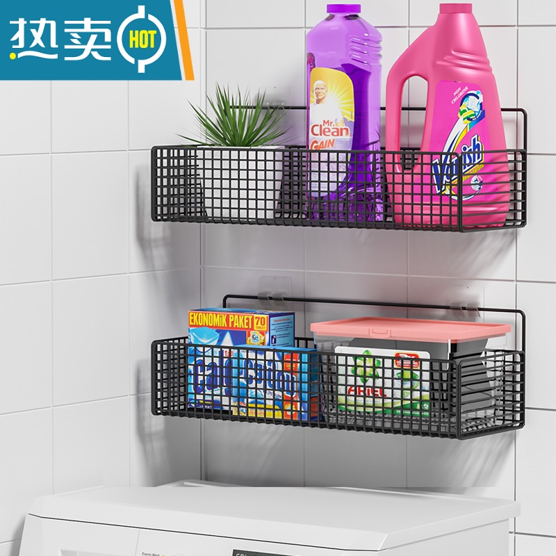 敬平洗衣机置物架上方免打孔墙上卫生间壁挂式阳台洗衣液收纳架子器 [常规款]黑色大号(大容量 置物更多)浴室置物架高清大图