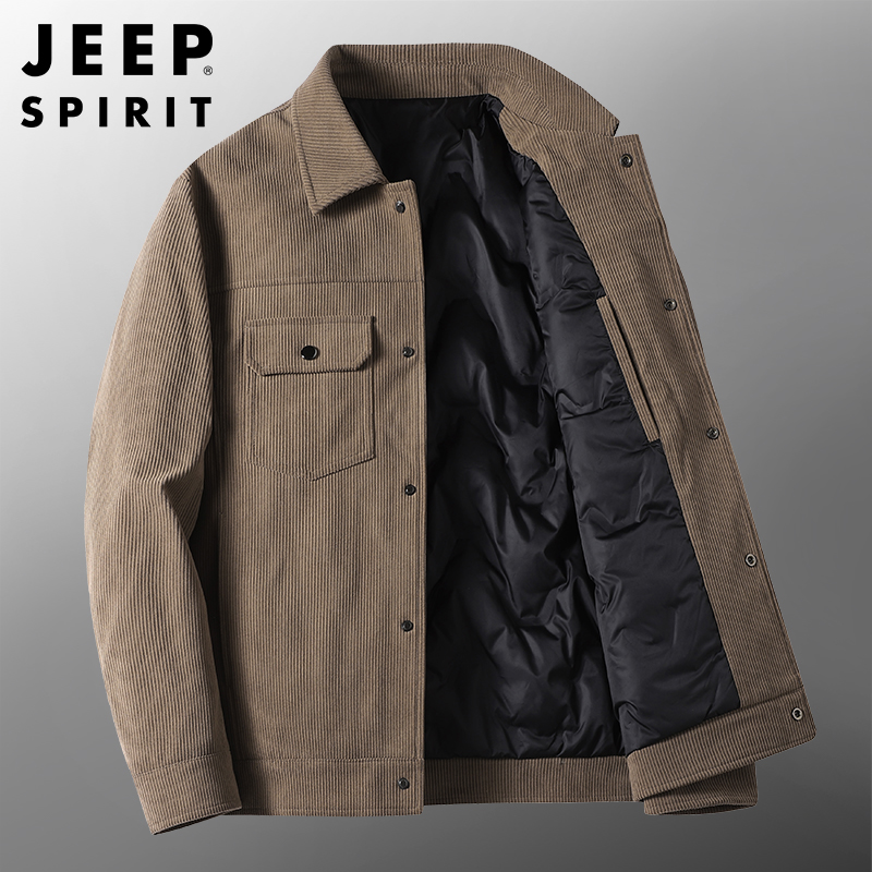 JEEP SPIRIT吉普男士羽绒服灯芯绒羽绒外套男日系夹克冬季爸爸装保暖防风休闲工装服 4XL 卡其色