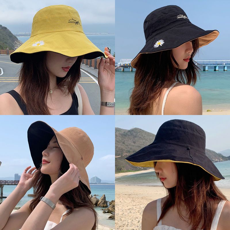 帽子女夏渔夫帽韩版百搭遮阳防紫外线帽子双面百搭防晒刺绣帽子女