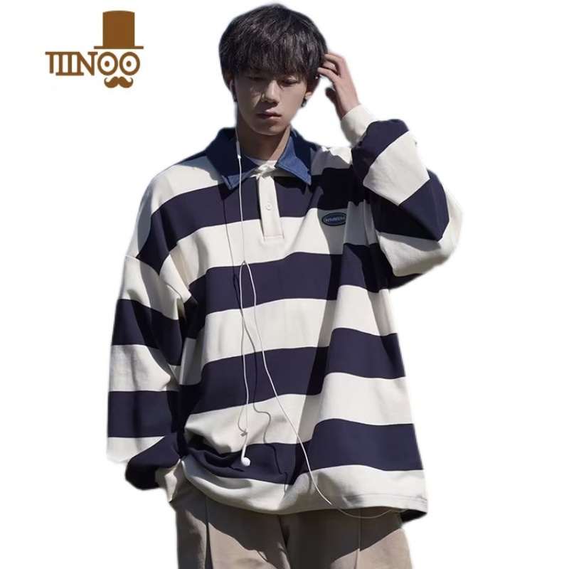 YANXU日系港风条纹翻领卫衣男女宽松拼色polo衫长袖男学院风上衣高清大图