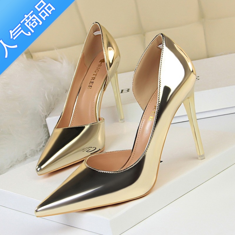 SUNTEKBTR大码2023春夏季新款银色网红侧空法式高跟鞋细跟尖头单鞋 金色侧空10.5CM 36