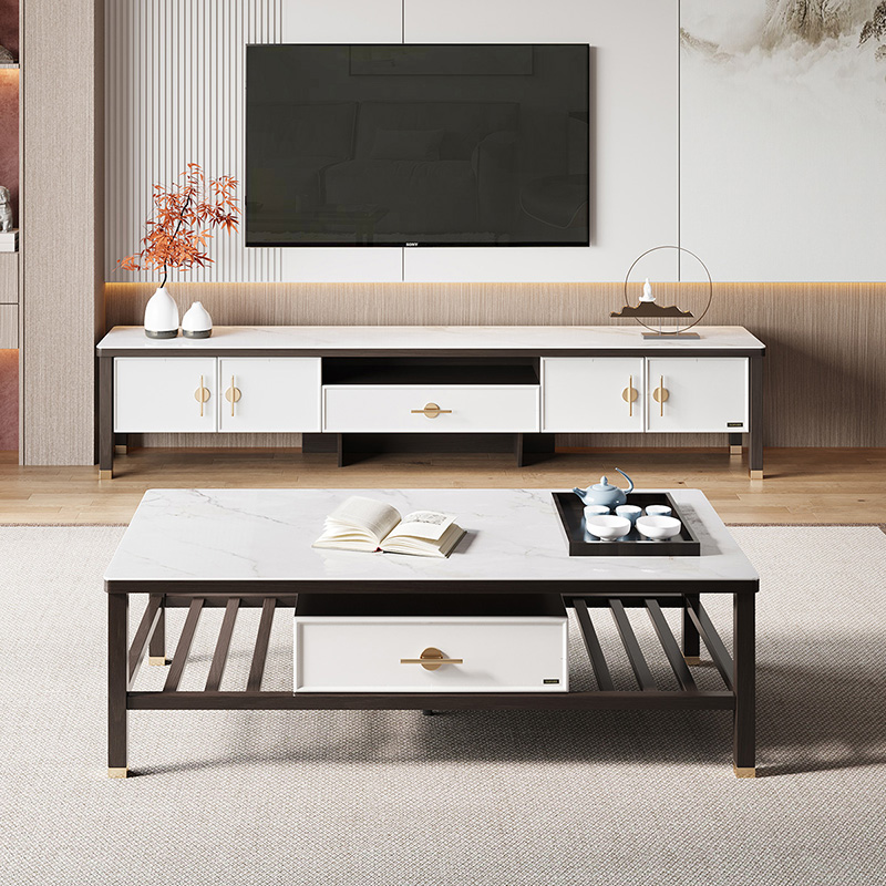 全友家居新中式橡胶木框架雅奢客厅家具钢化玻璃边桌茶几分区储物电视柜高清大图