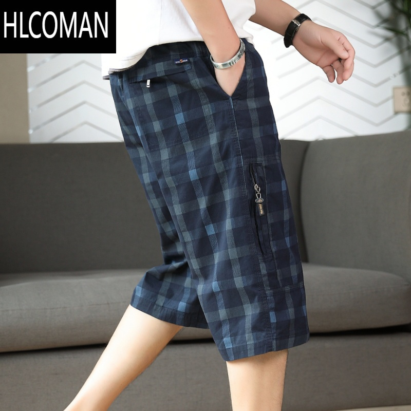 HLCOMAN2025年夏季新款男装格子七分裤男士潮牌宽松休闲薄款7分短裤