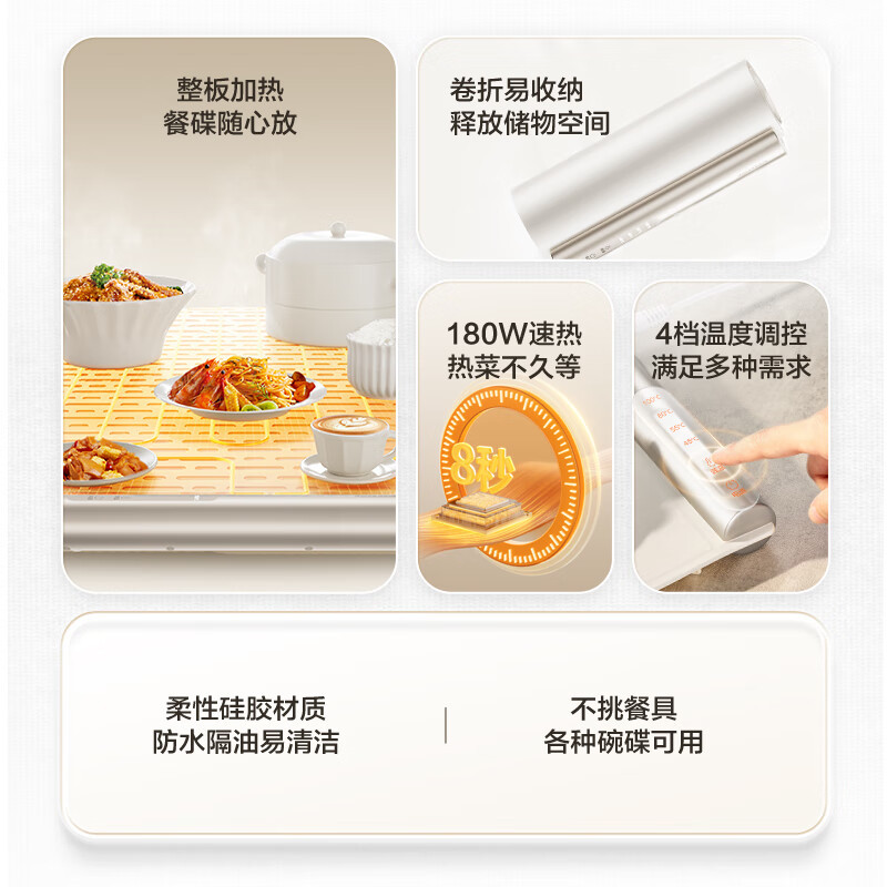 苏泊尔(SUPOR)暖菜板饭菜保温板硅胶可卷可收纳宝宝温奶器解冻快速升温恒温4档调节BF4624R832D 触控款高清大图
