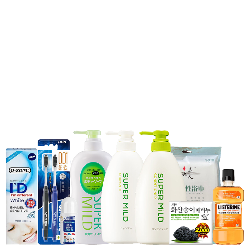夏季清新套装F资生堂沐浴露洗发水护发素狮王牙刷欧志姆o-zone white牙膏李施德林漱口水本叮叮植萃舒缓液无瑾花香皂