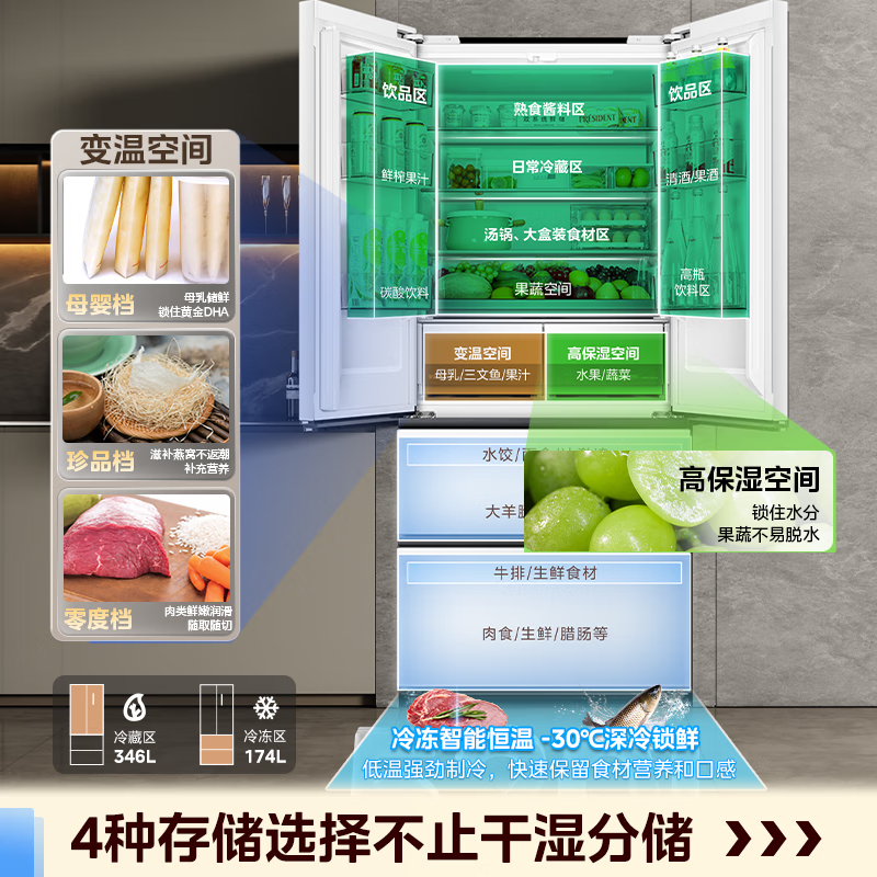 美的(Midea)多门冰箱M60系列520小机皇法式大容量冰箱超薄嵌入除菌净味底部散热 BCD-520WUFPZM海贝白高清大图