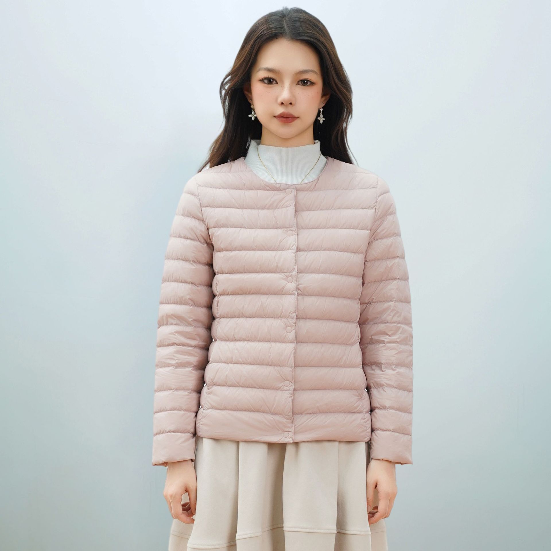 女式新国标90绒新款纯色女装圆领V领简约长袖羽绒服外套 淡粉色 L