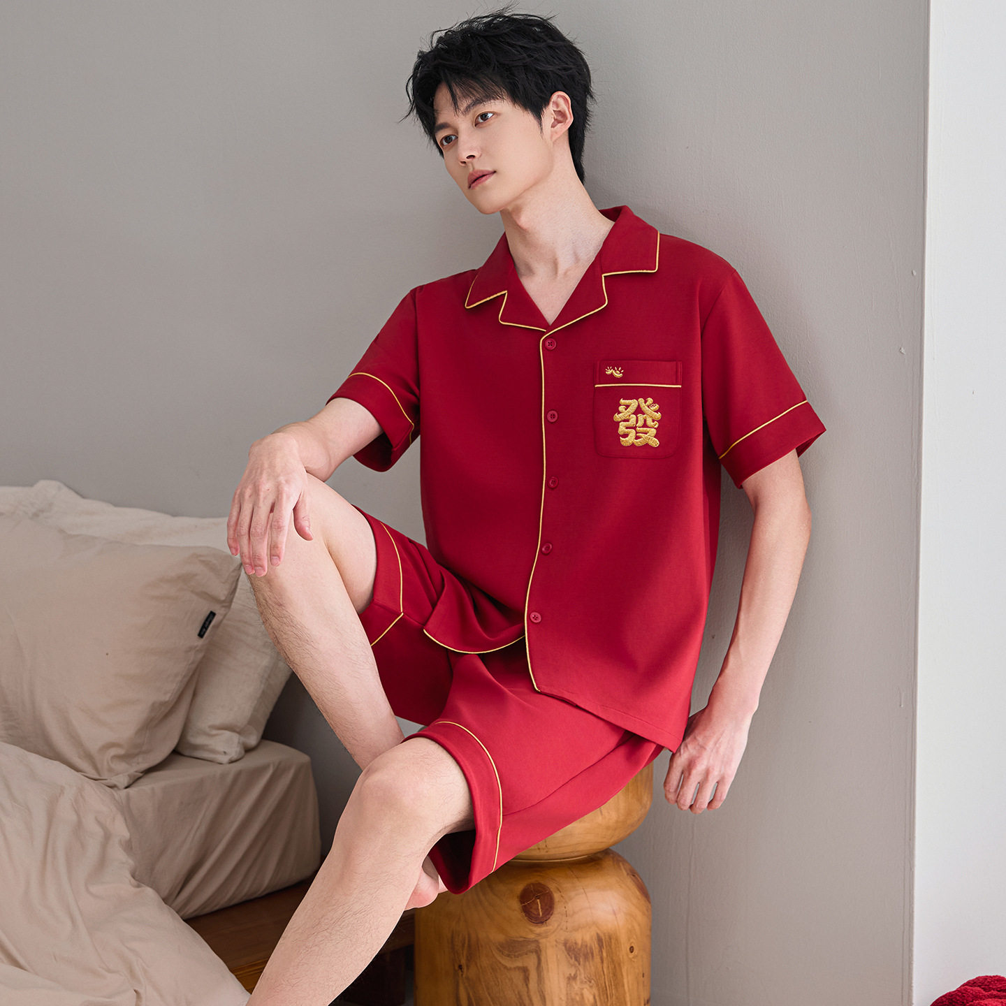 本命年大红色春夏男士纯棉结婚喜庆家居服可外穿短袖短裤开衫套装高清大图