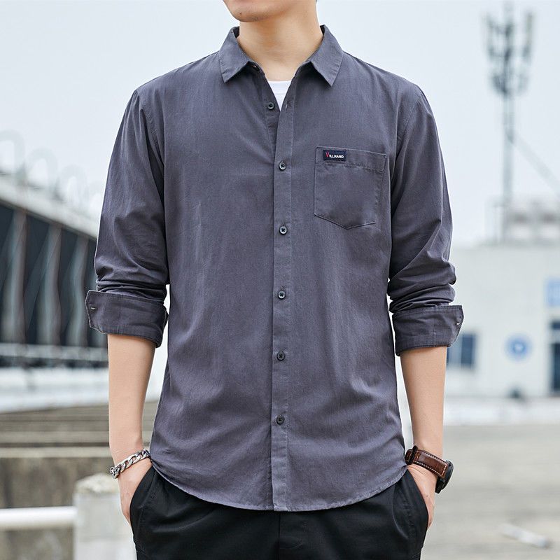 棉长袖衬衫男士水洗纯色衬衣百搭外套帅气中青年舒适男上衣纤婗qianni