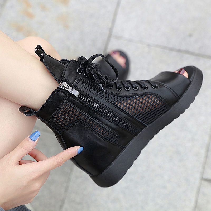 35 马丁靴女夏透气网布高帮鱼嘴鞋女松糕厚底内增高系带凉靴露趾凉鞋