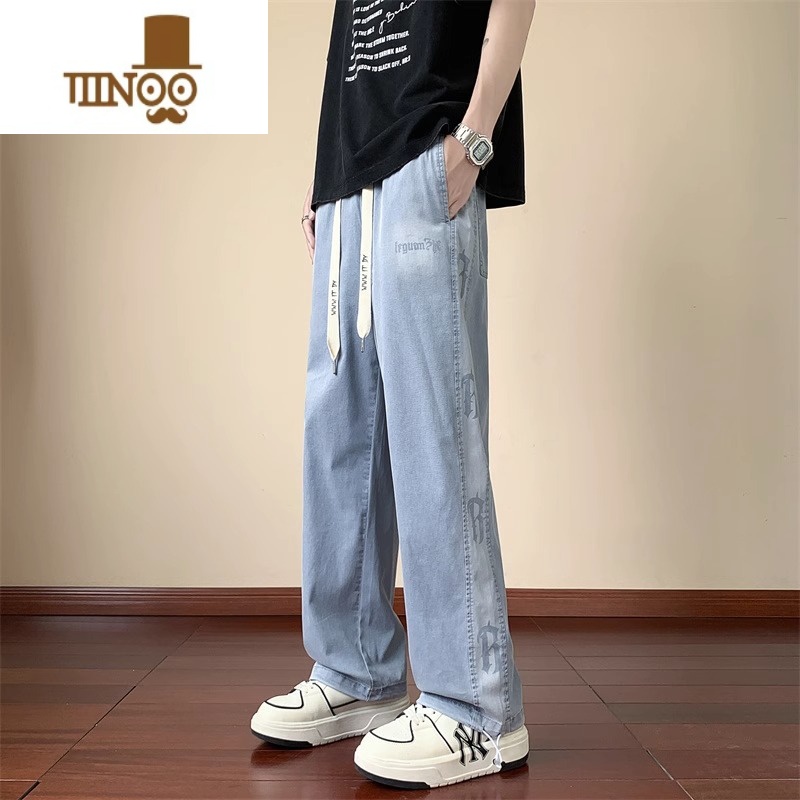 YANXU夏季薄款牛仔裤男初中高中学生宽松直筒长裤潮流大童夏天U闲中男高清大图