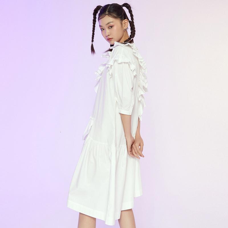 美特斯邦威连衣裙女荷叶领2021新款春季半袖收腰白色连衣裙243415