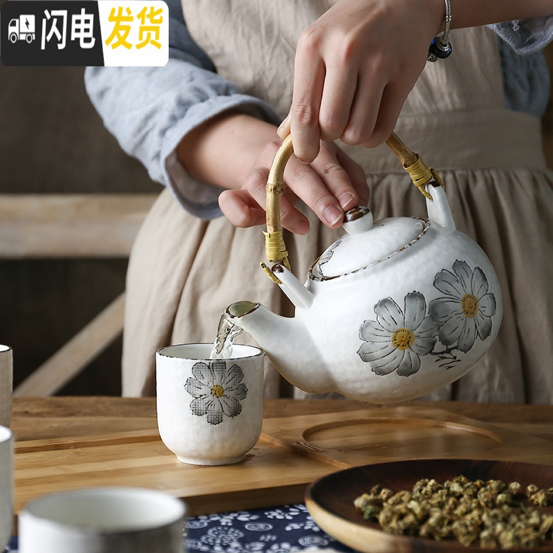 三维工匠日式家用陶瓷提梁壶功夫茶具茶杯套装简约结婚庆乔迁创意送礼 格桑茶具灰色带木盘高清大图