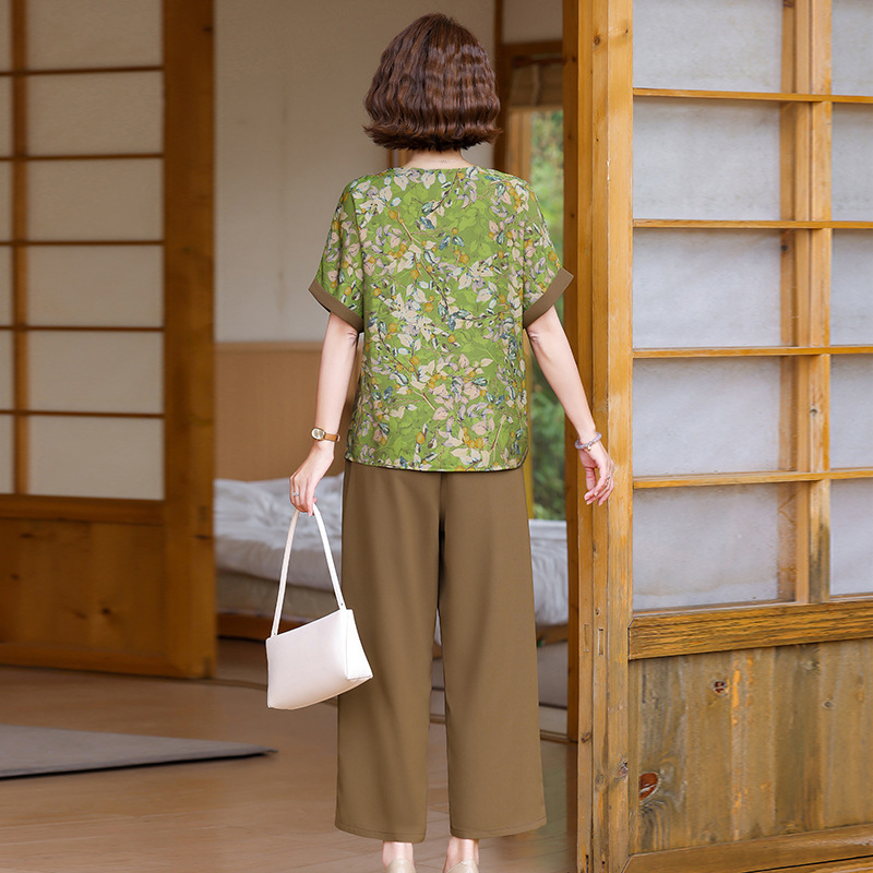 纤孜雅 中老年女装洋气妈妈夏装套装短袖2025新款夏季宽松大码上衣两件套高清大图