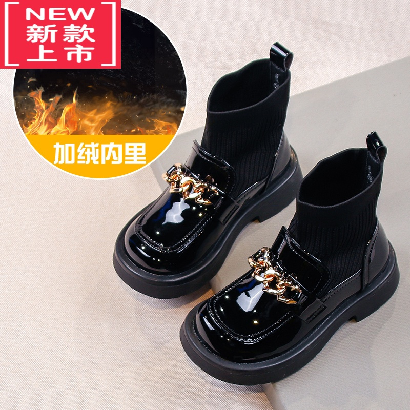 可莉允女童靴子秋冬2022新款儿童短靴加绒小女孩公主皮鞋女宝宝针织袜靴