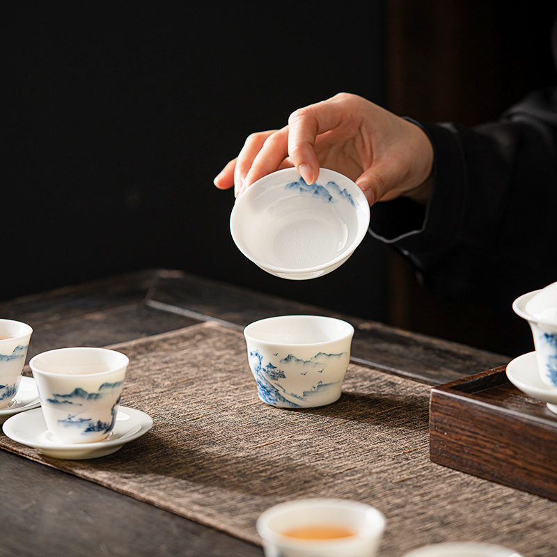 苏氏陶瓷(SUSHI CERAMICS)手绘羊脂玉茶具省级陶瓷艺术大师陈建瑞手工山水画三才盖碗礼盒装
