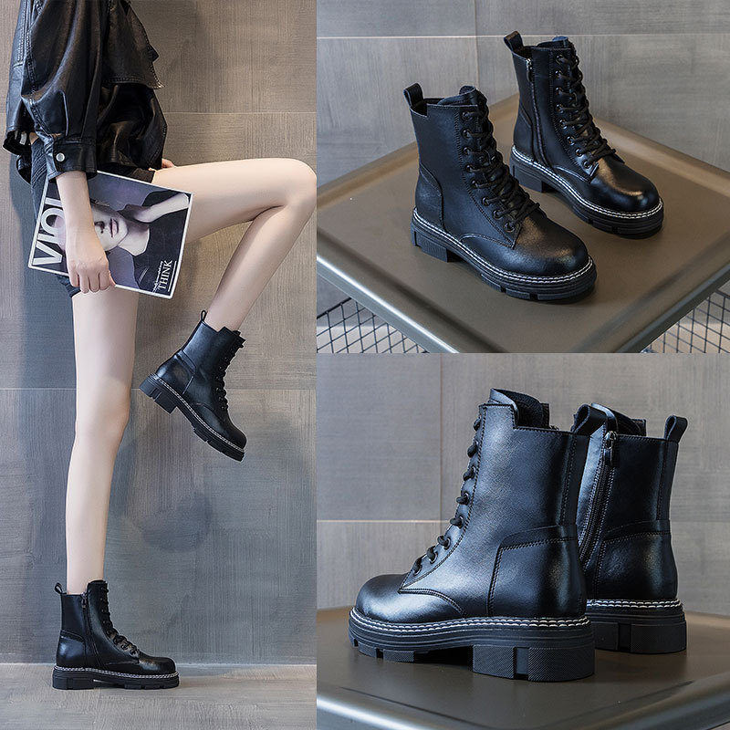 秋冬季加绒厚底真皮牛皮马丁靴女韩版系带女靴子休闲女学生鞋子 女高清大图
