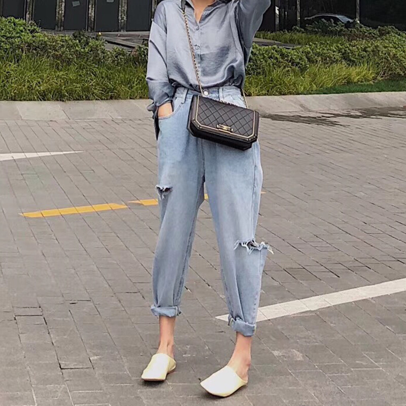 2018春夏新款破洞潮牌牛仔裤女宽松bf原宿韩版高腰哈伦裤九分垮裤