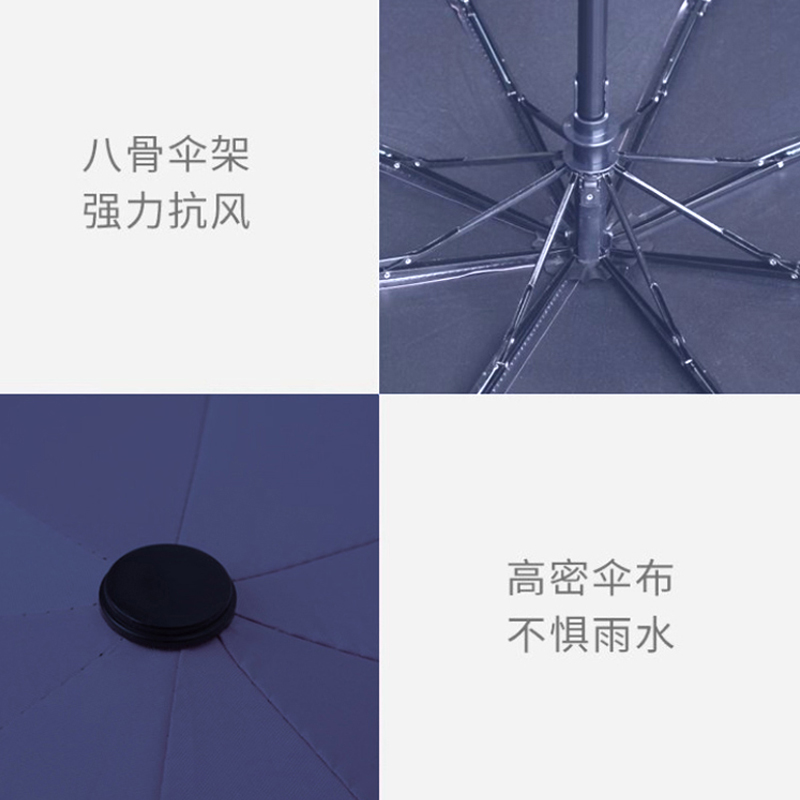 美穗吉家 21寸自动晴雨伞 藏蓝色“产品材质:碰击黑胶布,八骨铁架 产品重量:330G 产品规格:8K*53.5CM 防高清大图