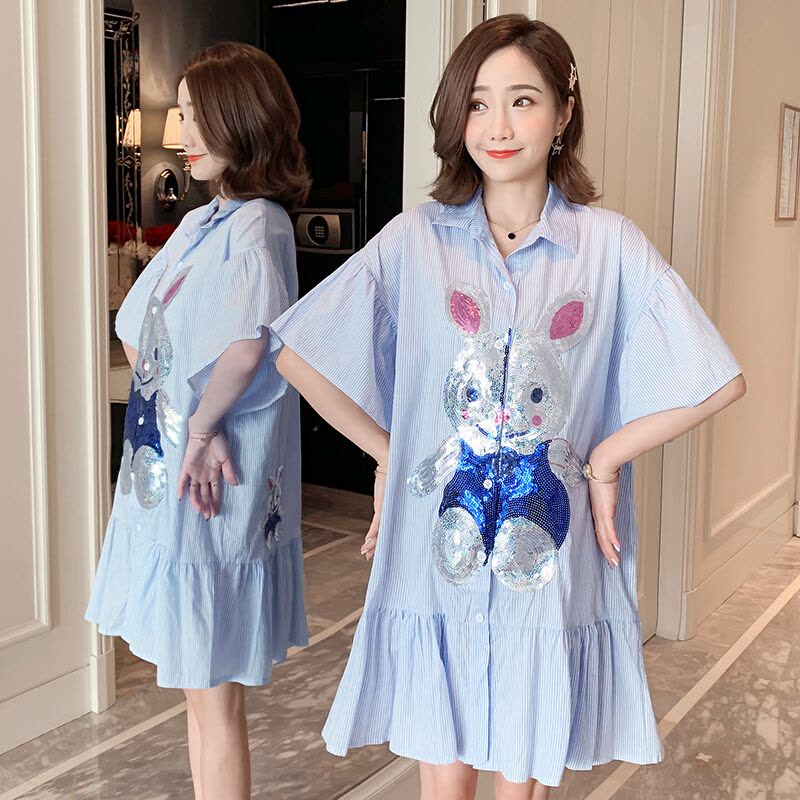 迪鲁奥(DILUAO)孕妇连衣裙夏装新款亮片兔子短袖衬衫韩版中长款外出哺乳孕妇裙夏图片