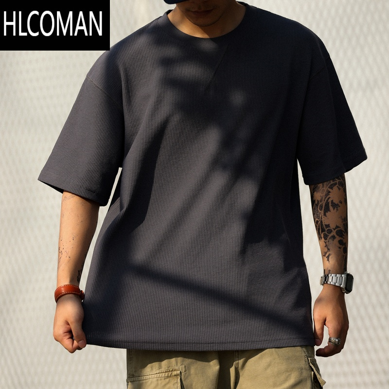 HLCOMAN 美式休闲华夫格短袖T恤男肌理感宽松简约圆领落肩打底衫