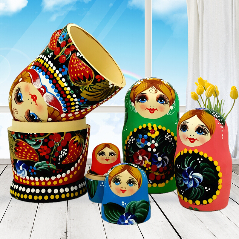 手绘俄罗斯套娃7层六一儿童节送男女孩玩具椴木风干创意摆件