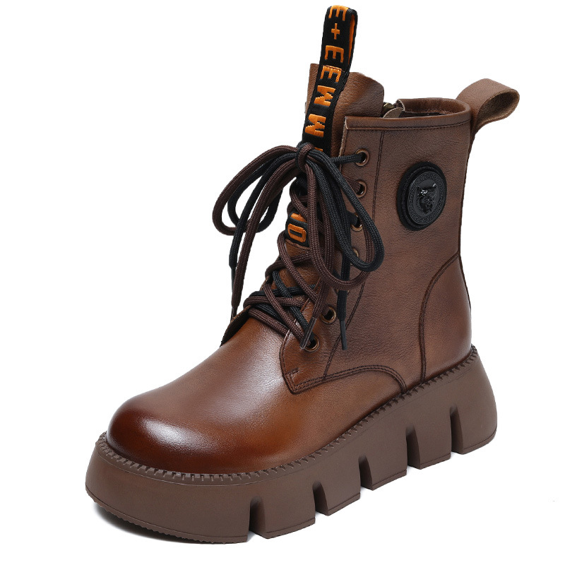 厚底短靴女2023秋冬新款真皮圆头系带侧拉链休闲松糕靴子女马丁靴高清大图