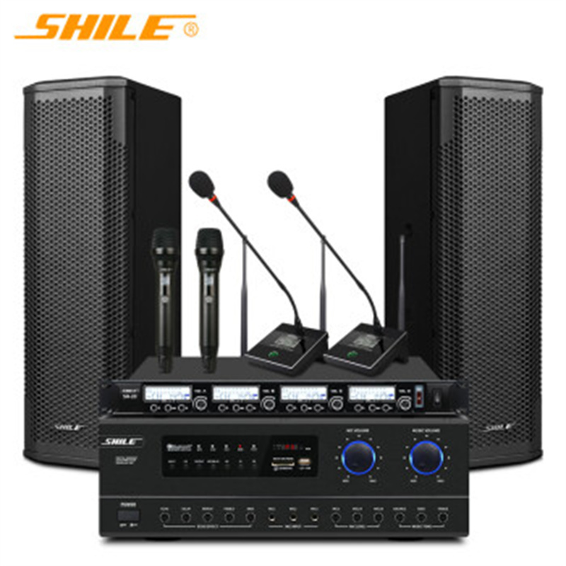 狮乐 (SHILE)AV108功放+BX402音柱一对+一拖四话筒 专业中小型会议室音响系统可调角度音柱功放音箱组合