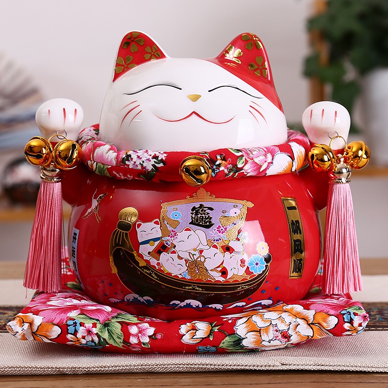 正版猫摆件店铺开业礼品小号红色发财猫陶瓷存钱储蓄罐 三维工匠 10寸四季发财喜猫猫高清大图