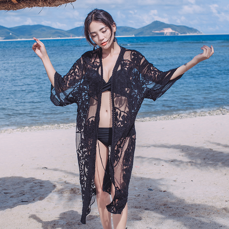 夏款时尚蕾丝衫防晒衣女中长款薄开衫风衣外套沙滩度假刺绣披肩潮