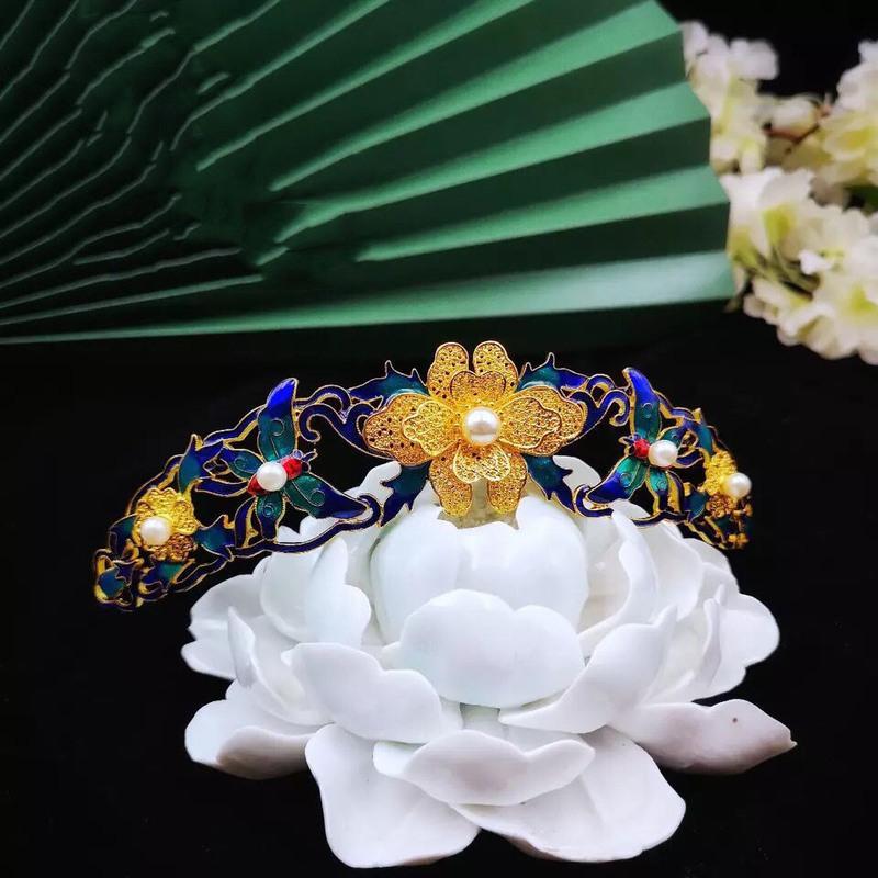 烧蓝发冠汉服配饰古风发簪小发冠头戴饰品明制吊坠小