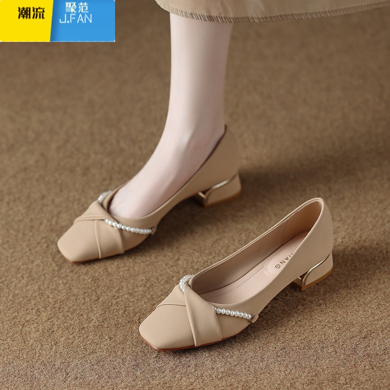 聚范绝美小皮低跟浅口单鞋女2024新款夏季配裙子法式3公分小跟瓢鞋 藕杏色 34