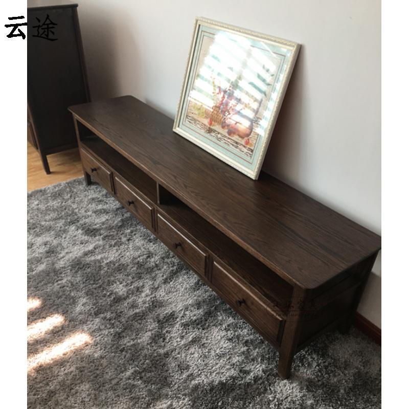 原木乡村现代全实木橡木电视柜胡桃色客厅家具带抽屉收纳地柜定制