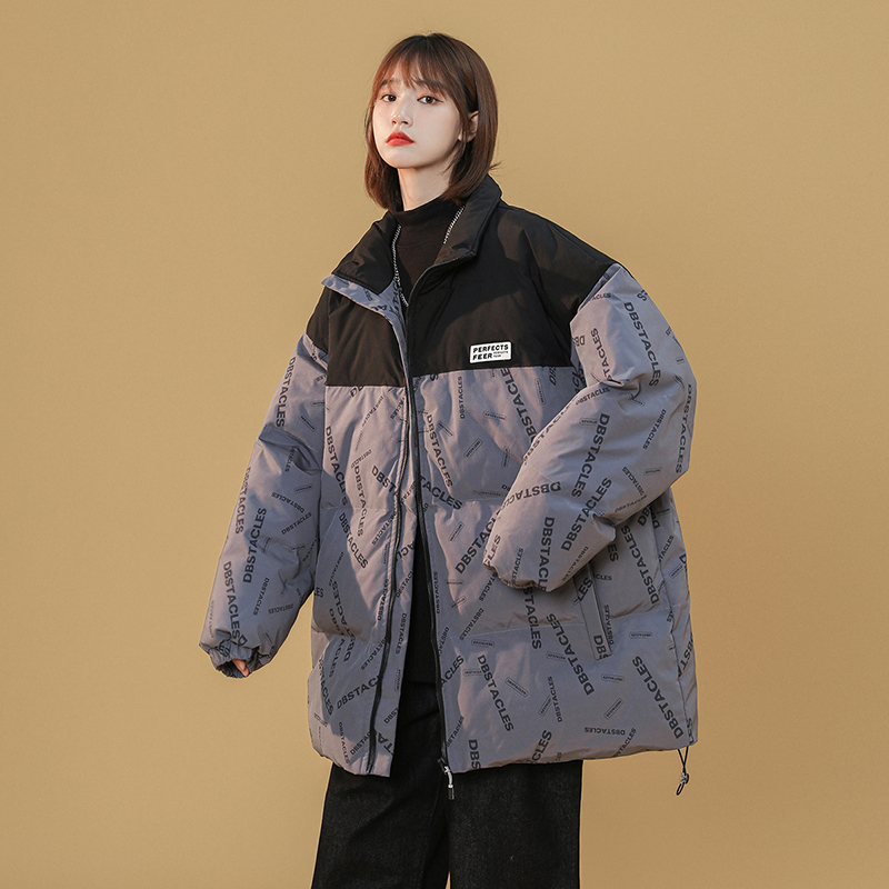 DEBRAND2021冬季新款棉服外套女韩版港风撞色字母洋气百搭棉衣袄