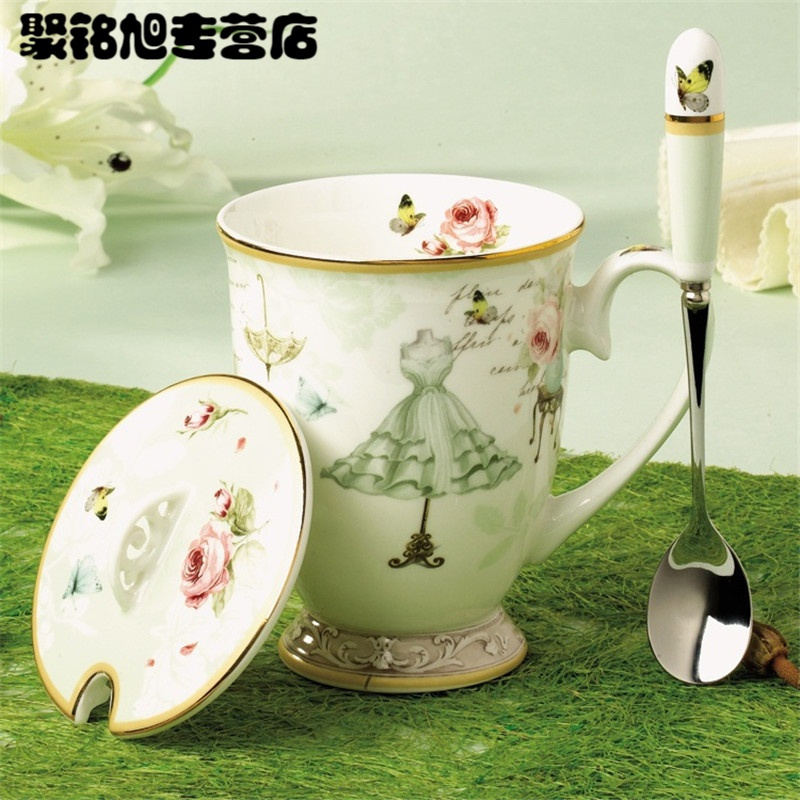 骨瓷杯子陶瓷创意马克杯咖啡复古欧式水杯带盖勺简约田园下午茶杯茶杯瓷杯家用喝水杯子新款创意杯子喝水杯家用陶瓷杯