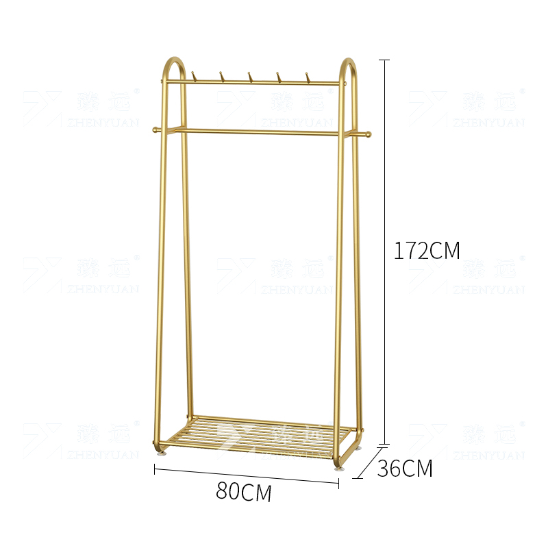 臻远 ZY4080143简约铁艺衣帽架落地衣架多功能挂衣服架子 金色80高清大图