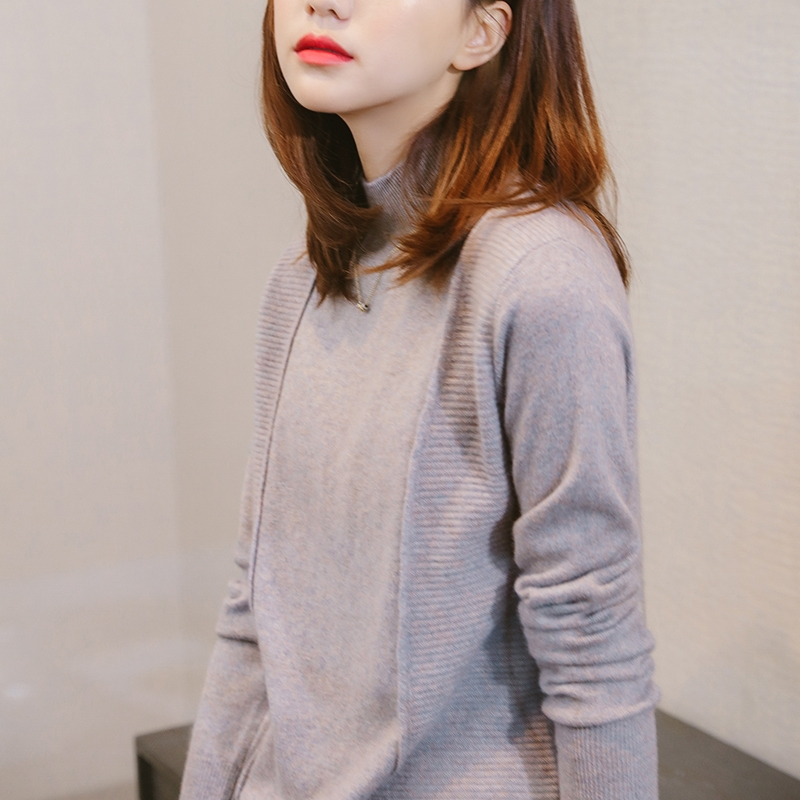 2018秋冬新款山羊绒衫女下摆开叉毛衣纯色打底衫半高领针织衫