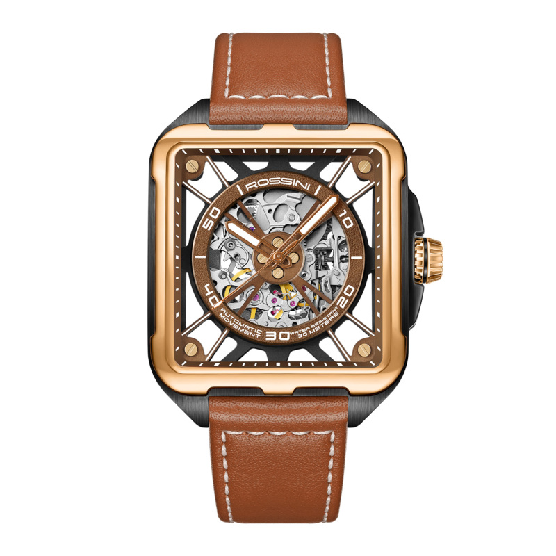 新品首发罗西尼机械男表全镂空方形运动夜光男士腕表122465