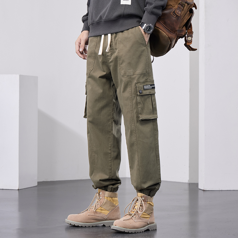 纯棉工装裤男秋冬季胖子加大码男装宽松束脚休闲裤子男 军绿色K503 2XL