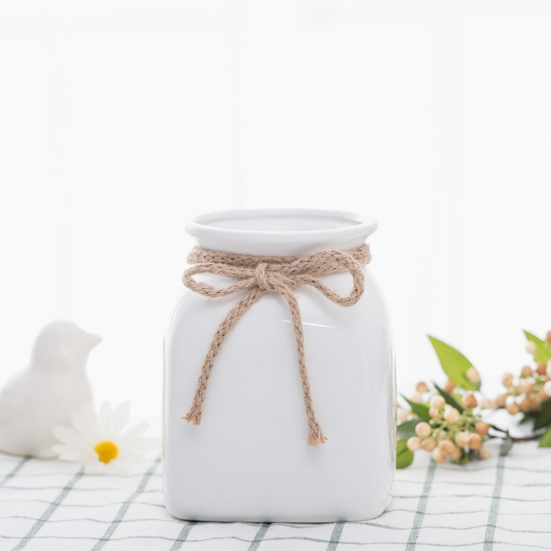 清新文艺白色麻绳花瓶陶瓷干花花瓶现代简约插装饰花鲜花瓶摆件三维