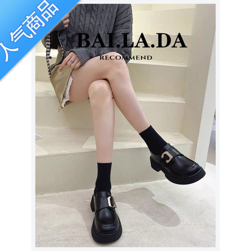 suntek黑色厚底一脚蹬小皮鞋女款2023春季时尚英伦风女鞋乐福鞋单鞋