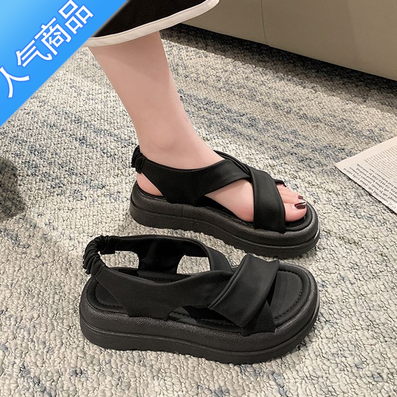 SUNTEK凉鞋女款夏季2023年新款松高厚底孕妇平底踩屎感休闲运动罗马凉鞋高清大图