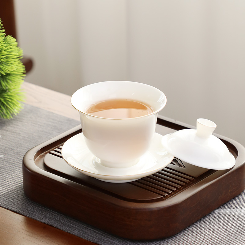 方然羊脂玉盖碗茶杯金边款120ML高清大图