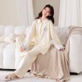 100%全棉睡衣女款纯棉2026新款春秋季长袖甜美可爱漂亮家居服套装 女款丨M{身高155-160体重80-100斤} 米白学院风