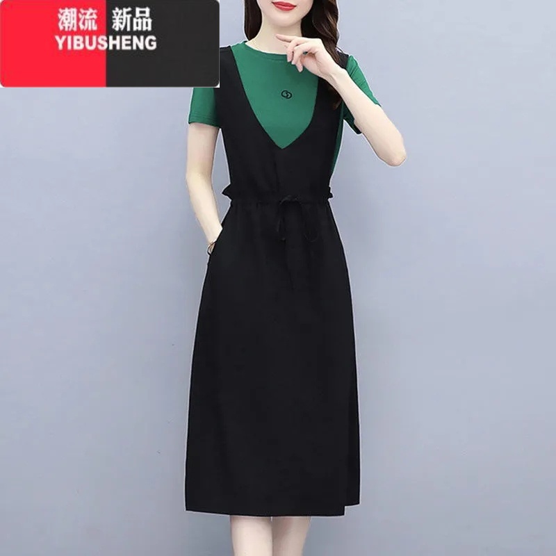 YIBUSHENG新款假两件背带裙子2022季新款大码女装撞色拼接中长款连衣裙潮高清大图